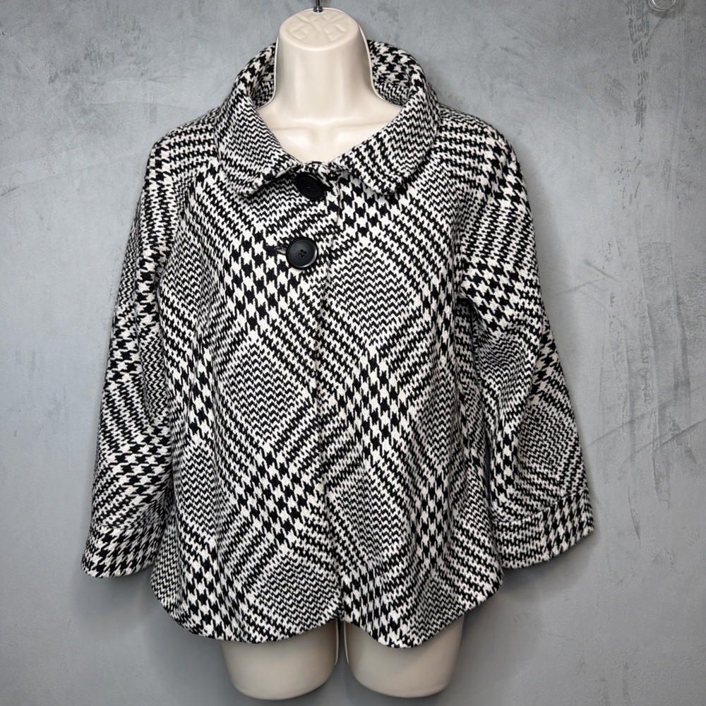 B Moss Womens Size 2 Black White Houndstooth Plaid Swing Coat Jacket Lined